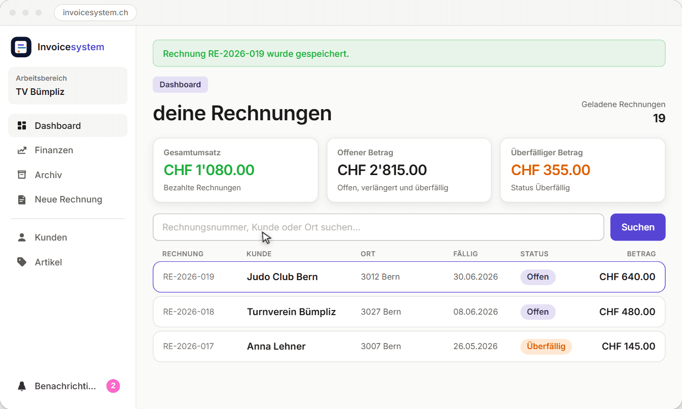 Dashboard von invoicesystem.ch mit Umsatzzahlen, Suche und einer Liste offener und überfälliger Rechnungen.